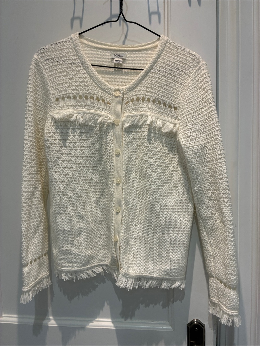 J.Crew Ivory Fringe Pointelle Open Knit Cotton Cardigan Size Small ⭐️